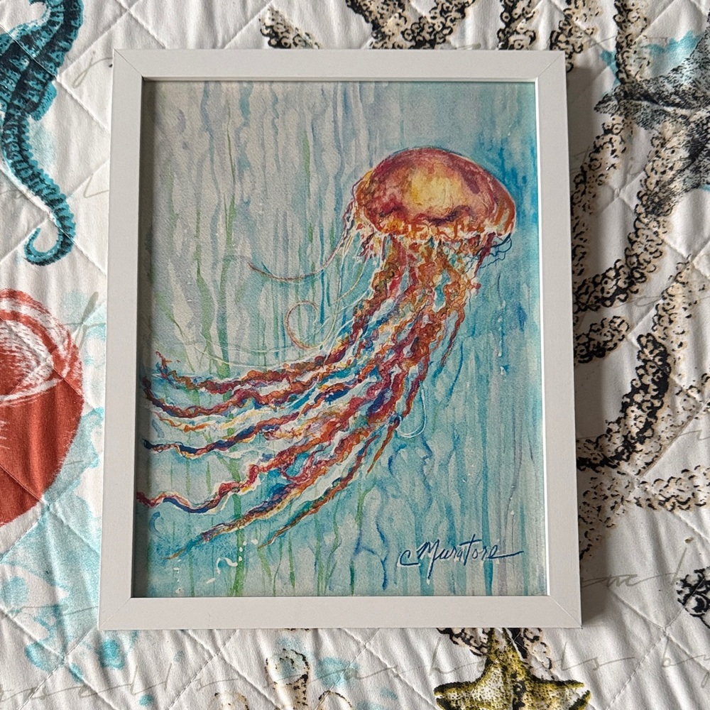 Colorful Jellyfish Art Print in White Frame